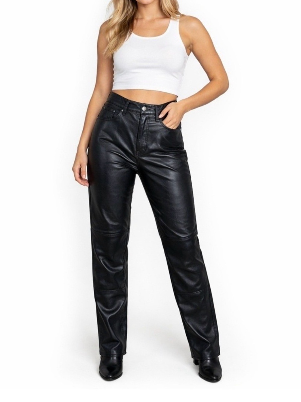Good American Faux Leather Straight Leg Pants Black Size 8 29 Inseam